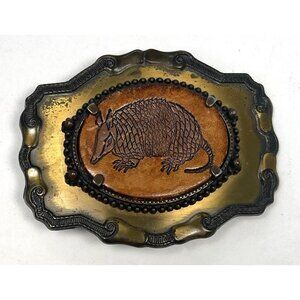 VTG 3.75" Bronze & Stamped Leather Armadillo BELT BUCKLE Scroll 3D Rockabilly
